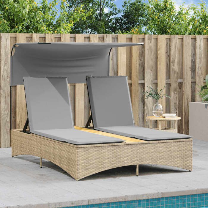 VidaXL Chaise longue double et auvent et coussins mélange beige rotin, lit de bronzage, chaise longue inclinable, lit de 365623