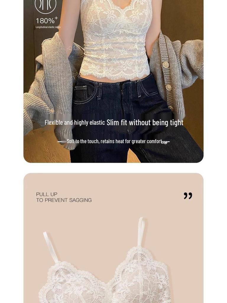 Женский кружевной топ-майка на флисовой подкладке - Теплый утепленный слой для осени/зимы