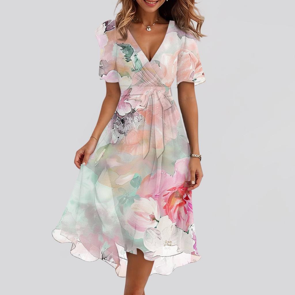 Women's Fashion Casual V Neck Short Sleeve Ruffled Vintage Printed Dresses