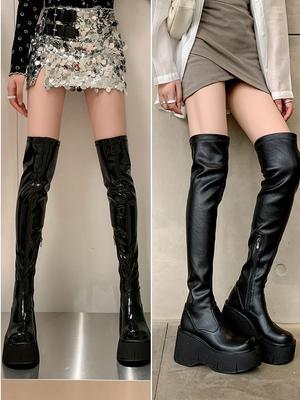 Модные Универсальные Темпераментные Обтягивающие Сапоги Выше Колена с Круглым Носком на Платформе и Высоком Каблуке Женские Эластичные Сапоги Новинка Осень-Зима 2025