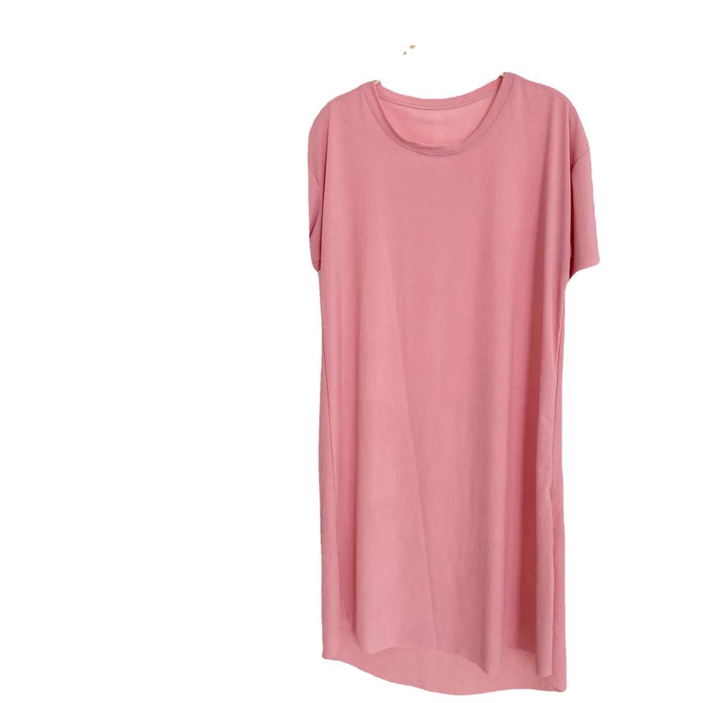 Однотонная домашняя ночная сорочка из ледяного шелка свободного кроя с круглым вырезом для весны и лета