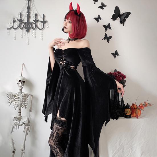 1 комплект, женское платье для косплея с ожерельем, повязка на голову и чулки, готический стиль, костюм ведьмы на Хэллоуин, ажурный костюм без воротника с длинными рукавами «летучая мышь»