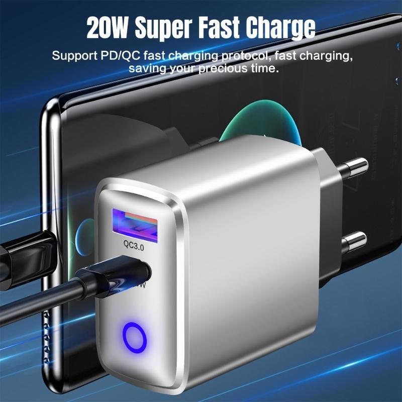 Европейские вилки Быстрое зарядное устройство USB C 20 Вт Встроенный светодиодный индикатор статуса зарядки Портативный дизайн Для использования с несколькими устройствами