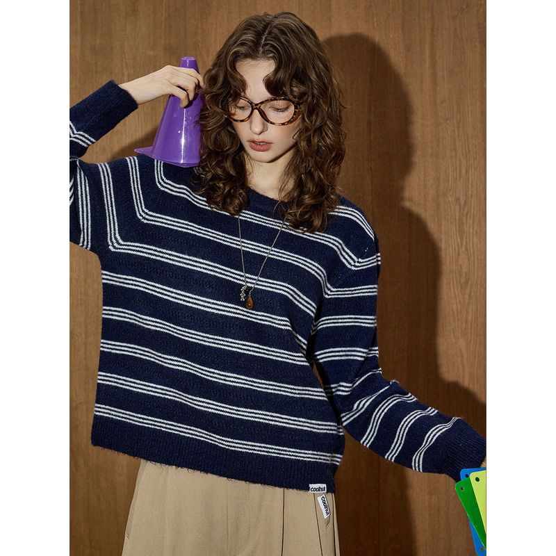 Coolhu Темно-синий Ленивый Стиль Теплый Вязаный Свитер в Полоску с Круглым Вырезом Новая Женская Модная Универсальная Модель