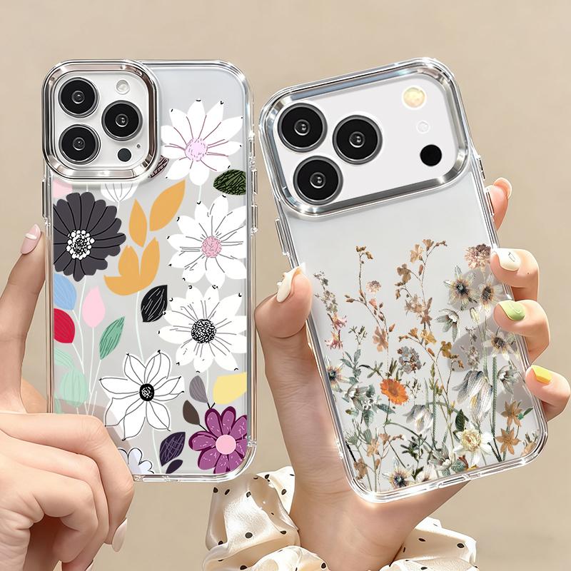 Чехол с узором из белых цветов для iPhone 17 Pro Max iPhone 16 15 14 13 Pro Max 11 17e 16e Покрытие Рамка для камеры Прозрачная Мягкая силиконовая задняя крышка