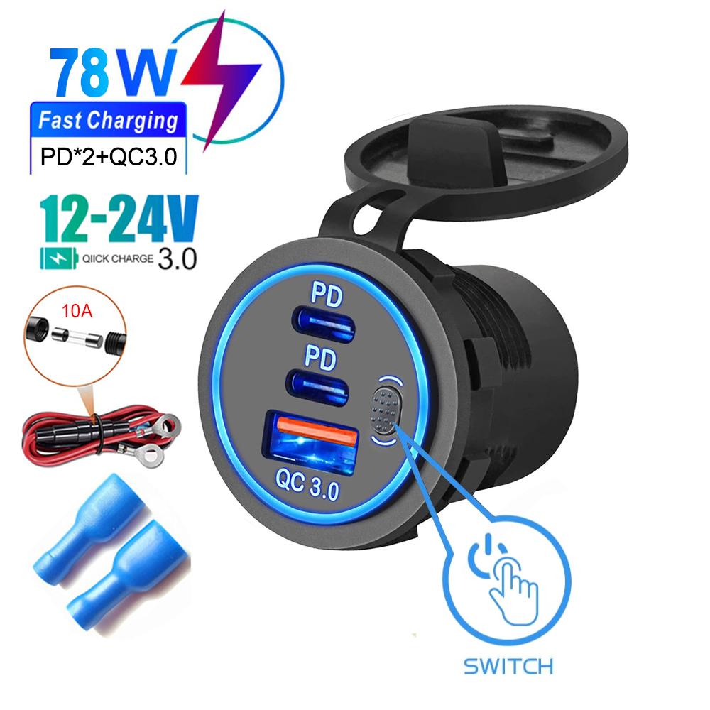 Автомобильное зарядное гнездо PD3.0 и QC3.0, два порта USB C, водонепроницаемое, со светодиодным сенсорным переключателем, 78 Вт, быстрая зарядка 12 В/24 В для мотоадаптера