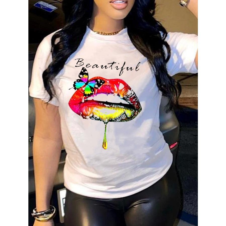 Красочные губы девушка напечатаны простые модные свободные круглый вырез чистый хлопок футболки женские