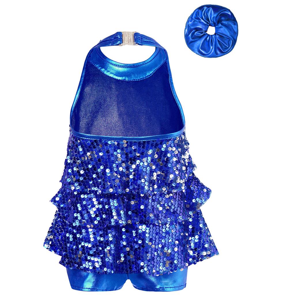 Kids Dance Leotard Halter Neck with Shiny Sequins Ruffles for Jazz Latin Performance Costume