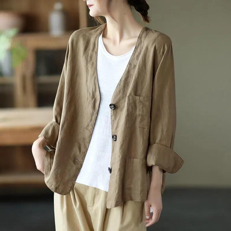 Women's Jacket Spring Cotton Linen Blazer Solid Color Long Sleeve Fashion Casual Coat