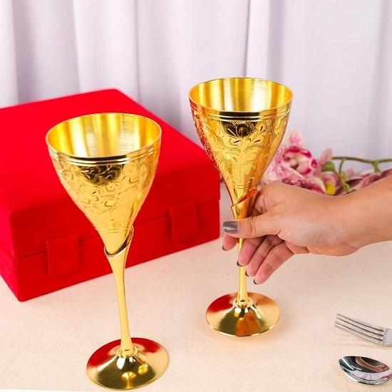 Латунные фужеры для вина с гравировкой, золотые, парные бокалы, подарочный набор из 2 штук, золотые