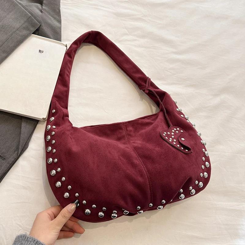 Замшевая ретро-сумка с заклепками для женщин, зимний тренд 2024 года, новый модный дизайн сумок 2020 года, женские сумки-тоут