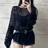 Hot Girl Top with Hollowed Out Woolen Fabric and Loose Design Long Sleeved See Through Women's Top