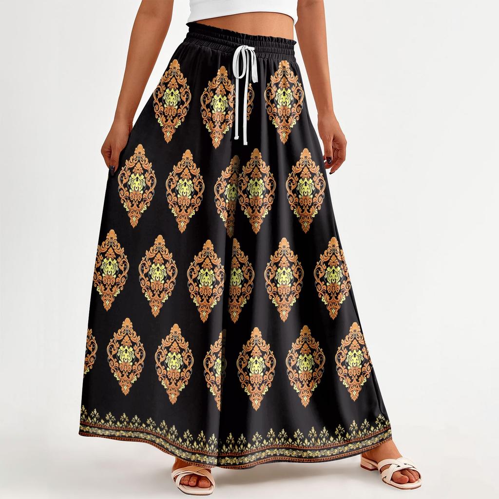 Женские летние широкие брюки с высокой талией и струящимися карманами, модные повседневные повседневные пляжные брюки в богемном стиле с принтом