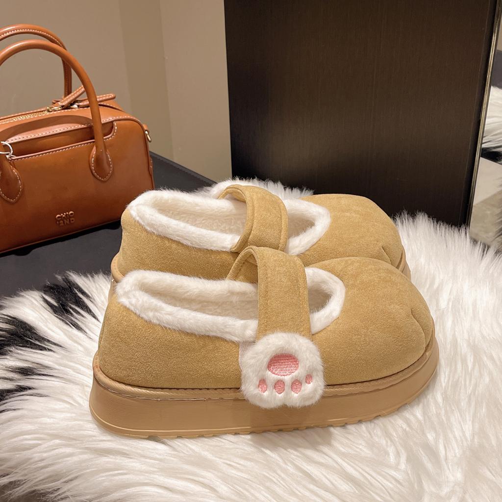 Cute Cat Paw Cotton Snow Boots Shoes with Winter Velvet Thick Sole Indoor Outdoor Shoes ForWarm Round Toe Ankle Boots