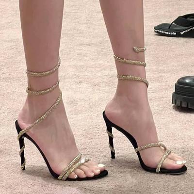 Кристальные змеиные извилистые туфли на шпильке, сексуальное слово и сандалии.