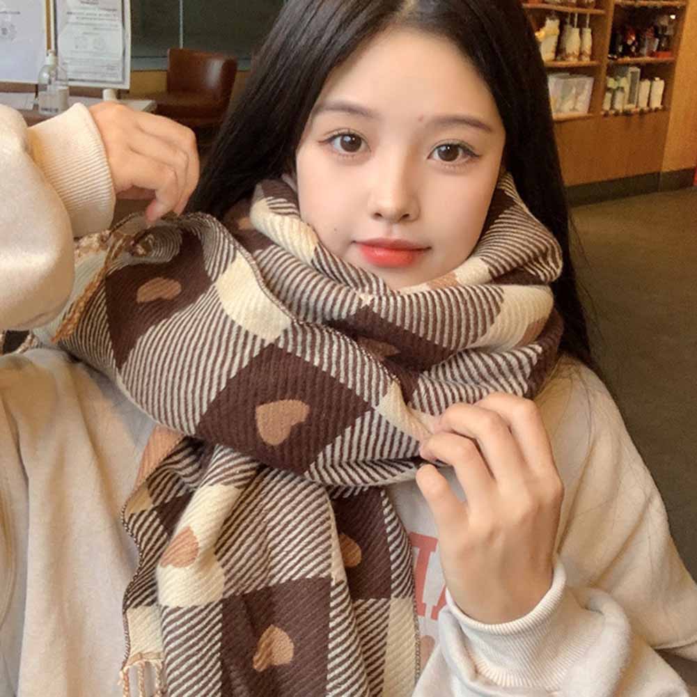 Women Fashion Plaid Scarf Sweet Heart-shaped Printing Warm Thickened Dual-purpose Scarf Shawl