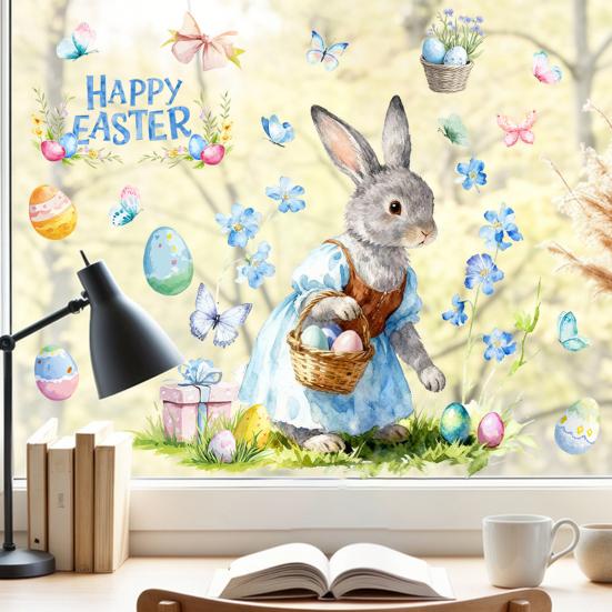 Пасхальная наклейка на окно Милый кролик Полевые цветы Яйца Бабочка Многоразовые двусторонние статические оконные наклейки для стеклянных дверей стен Детской комнаты Весна