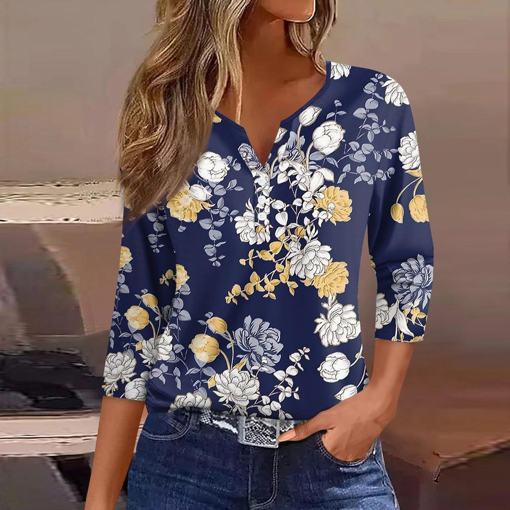 Жен. Футболка Футболка С принтом Пуговицы Рукав 3/4 Повседневные Выходные Мода Классический Классический V-образный вырез Обычный Верх