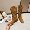 Western Cowboy Boots 2025 Spring and Autumn Thick Heel V-neck Embroidered Hole Knight Boots Retro Size Breathable Women's Boots