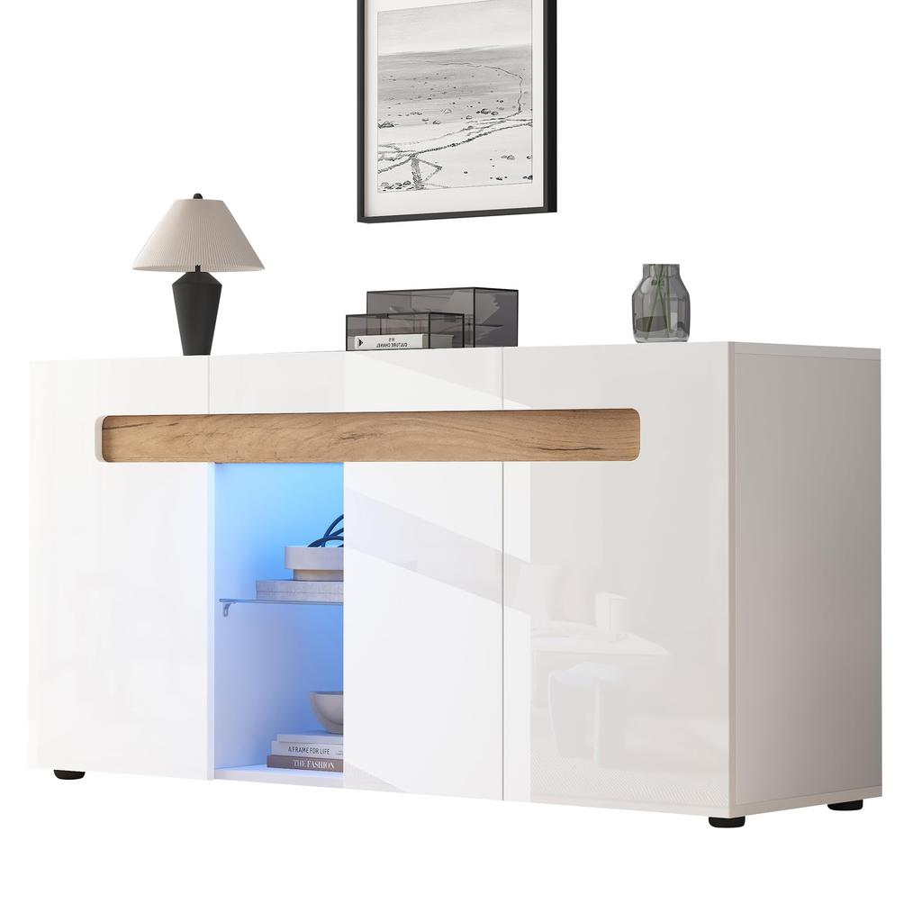 Sideboard Küchenschrank 3 Türen Offene Glasböden, Modern Hochglanz Buffetschrank Anrichte Schrank, Esszimmer, Wohnzimmer, Küche, Wohnmöbel, Weiß