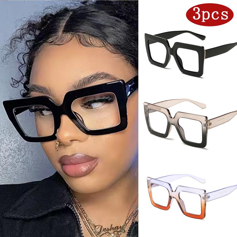 3pcs Large Square Frame Clear Lens Glasses Color Block Fashion Decorative Computer Spectacles For Women Men