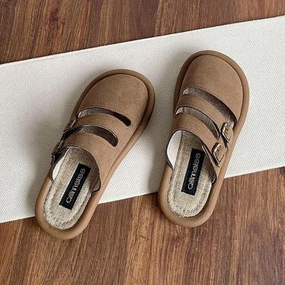 Модная женская обувь 2024 года, высококачественные женские тапочки Baotou, модные повседневные тапочки с пряжкой на ремне, женские новые однотонные плоские тапочки Zapatos