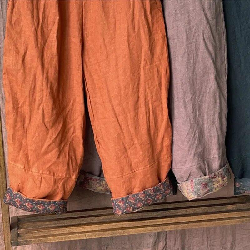 Johnature Женские винтажные льняные брюки с эластичной резинкой на талии плюс хлопковые теплые зимние брюки, однотонные свободные длинные брюки с карманами