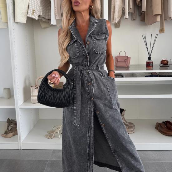 Женское джинсовое платье-рубашка, летнее макси-платье без рукавов на пуговицах с поясом, лацканами, V-образным вырезом, длинное джинсовое платье с карманами