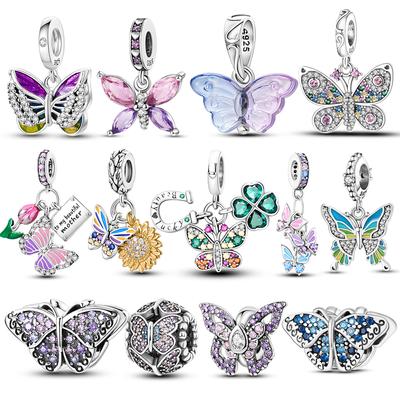 Стерлингового серебра 925 пробы, розовые, синие, бабочки, стрекозы, подвески, бусины для женщин, подходят для оригинального браслета, ювелирные изделия своими руками, маркировка для девочек