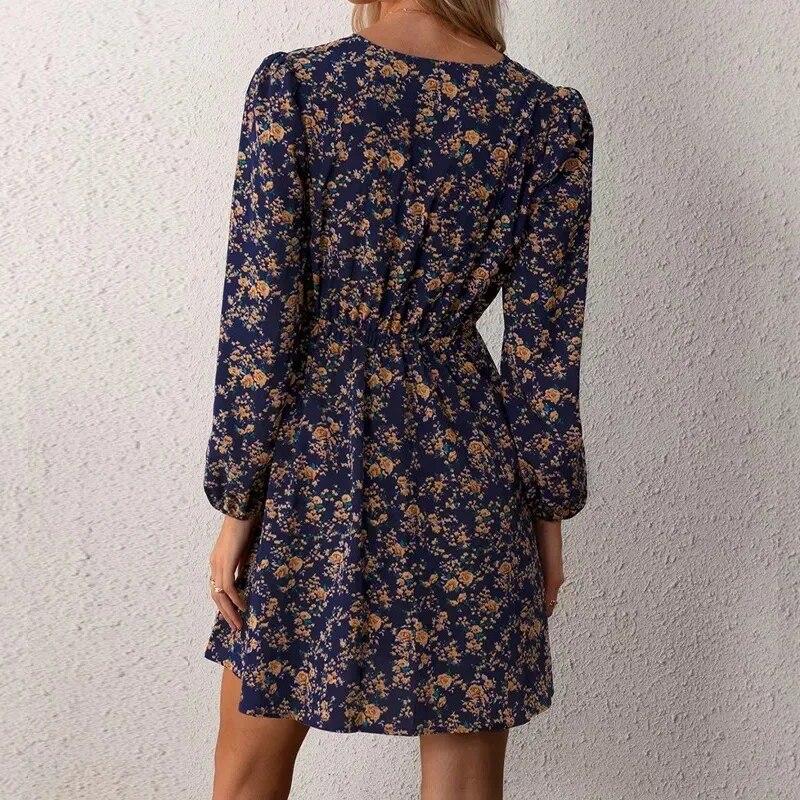 Повседневное короткое платье с эластичной талией и цветочным принтом, осеннее сексуальное платье трапециевидной формы с v-образным вырезом, модные платья с длинным рукавом с цветочным принтом 29773