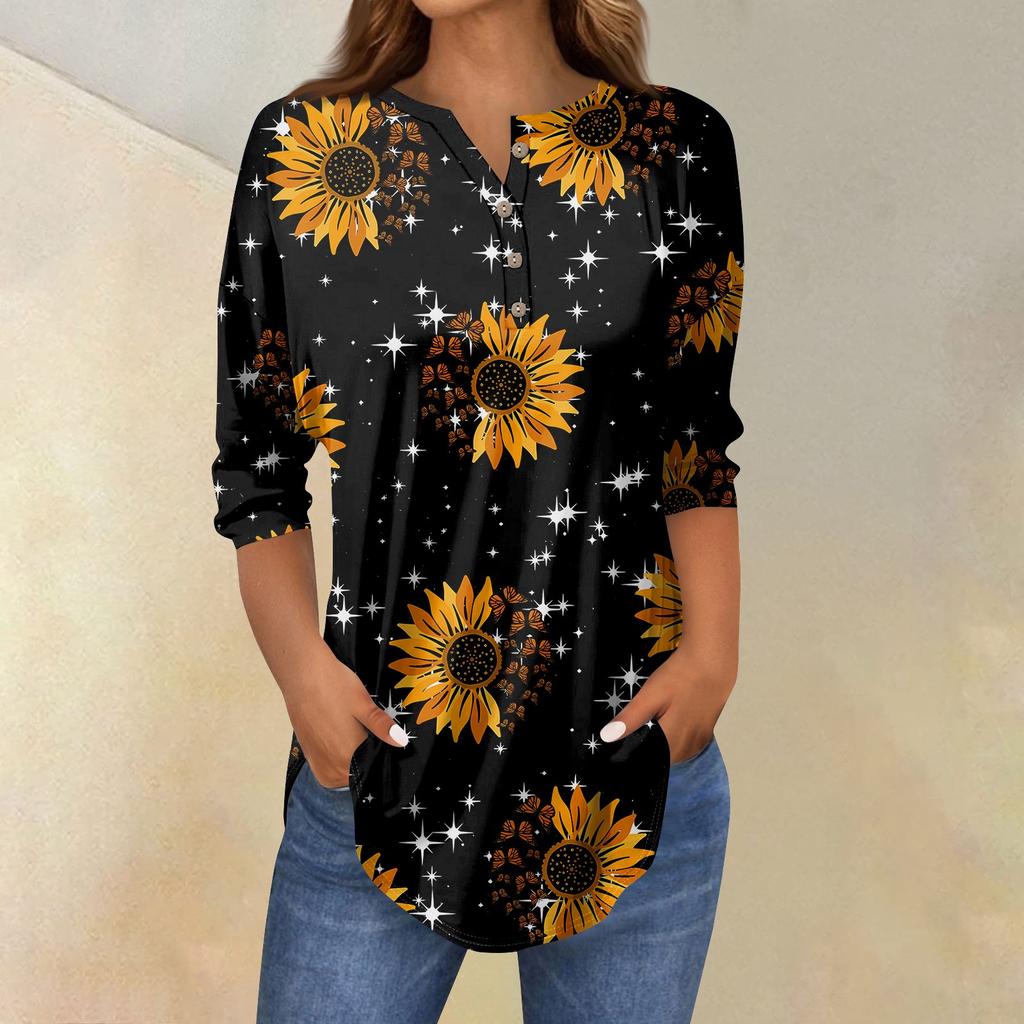 Рубашки с рукавом 3/4 для женщин, модные, повседневные, с круглым вырезом, с принтом, футболка, топ