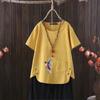 2025 Summer New Bird Print V-neck Cotton Hemp Women's Casual T-shirt