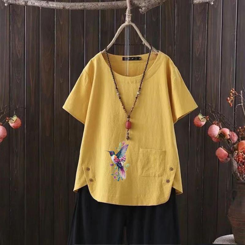 2025 Summer New Bird Print V-neck Cotton Hemp Women's Casual T-shirt