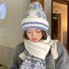 Корейский ретро вязаный шерстяной набор шапка и шарф - Зимний Снежинки Полоски