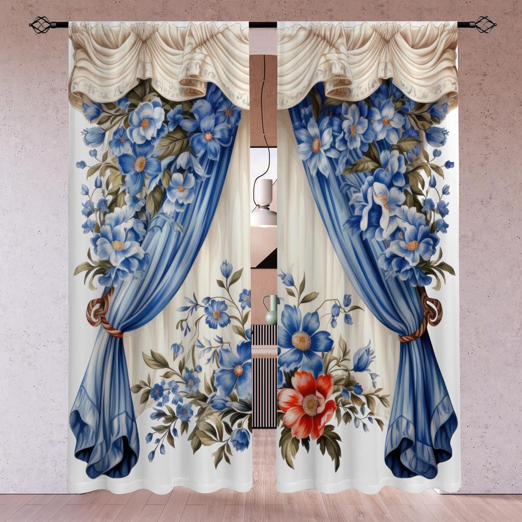 2pcs European Style Retro 3D Printed Translucent Curtains Multi-scene Polyester Rod Pocket Decorative Curtains For Living Room