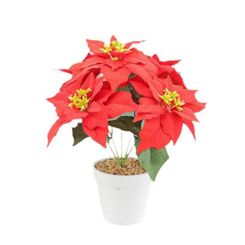 Artificial Poinsettia Silk Flower 5-Head Christmas Decor Home Holiday Party Wedding