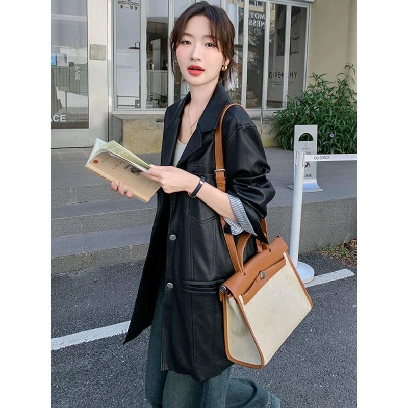 Черная кожаная куртка для женщин весна-осень новая ретро куртка с лацканами топ средней длины