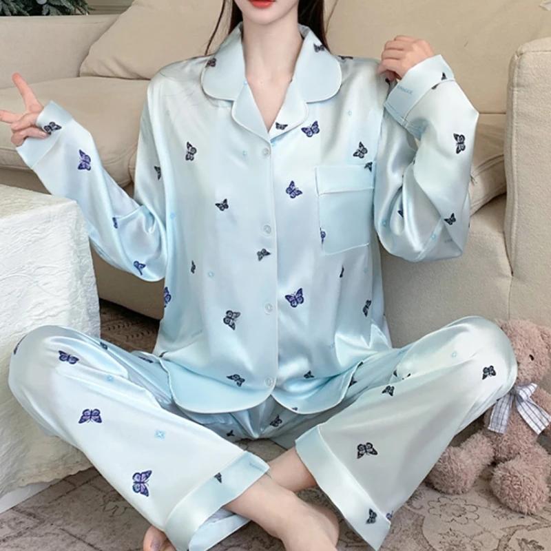 Французская литературная эстетика Дизайн Женская пижама Шикарный цвет Бабочка Синяя домашняя одежда Весна Имитация Шелка Пижама