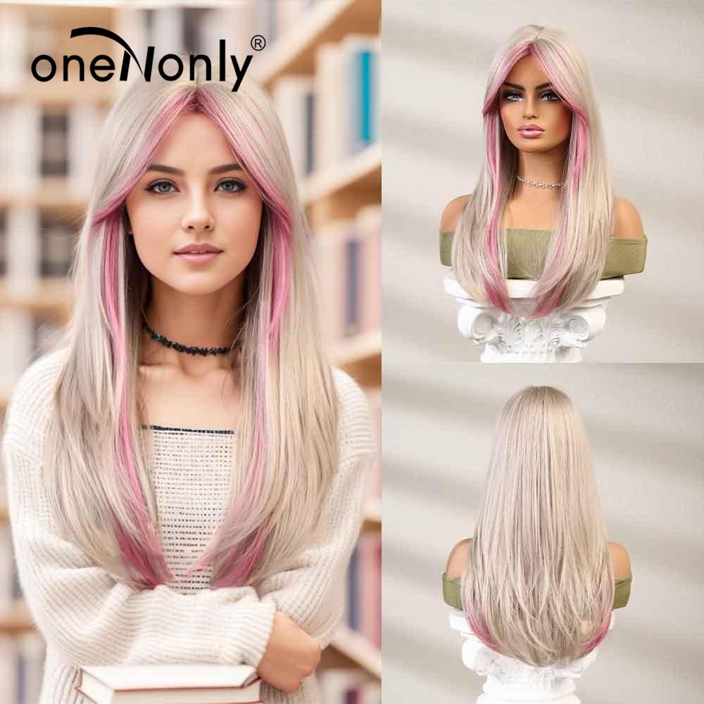 ALAN EATON Long Pink Blonde Wigs with Long Bangs White Hair Wigs for Women Synthetic Wig High Quality Lolita Cosplay Party Wigs