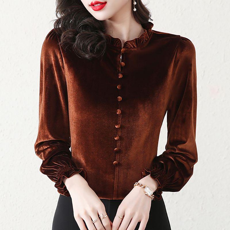 Осень-зима золотые бархатные рубашки женская мода с длинным рукавом сплошной цвет пуловер свободная рубашка