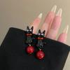 Sweet Cool Cartoon Black Cat Earrings Fashionable Women Personality Temperament Red Pearl Pendant Earrings Simple High-End