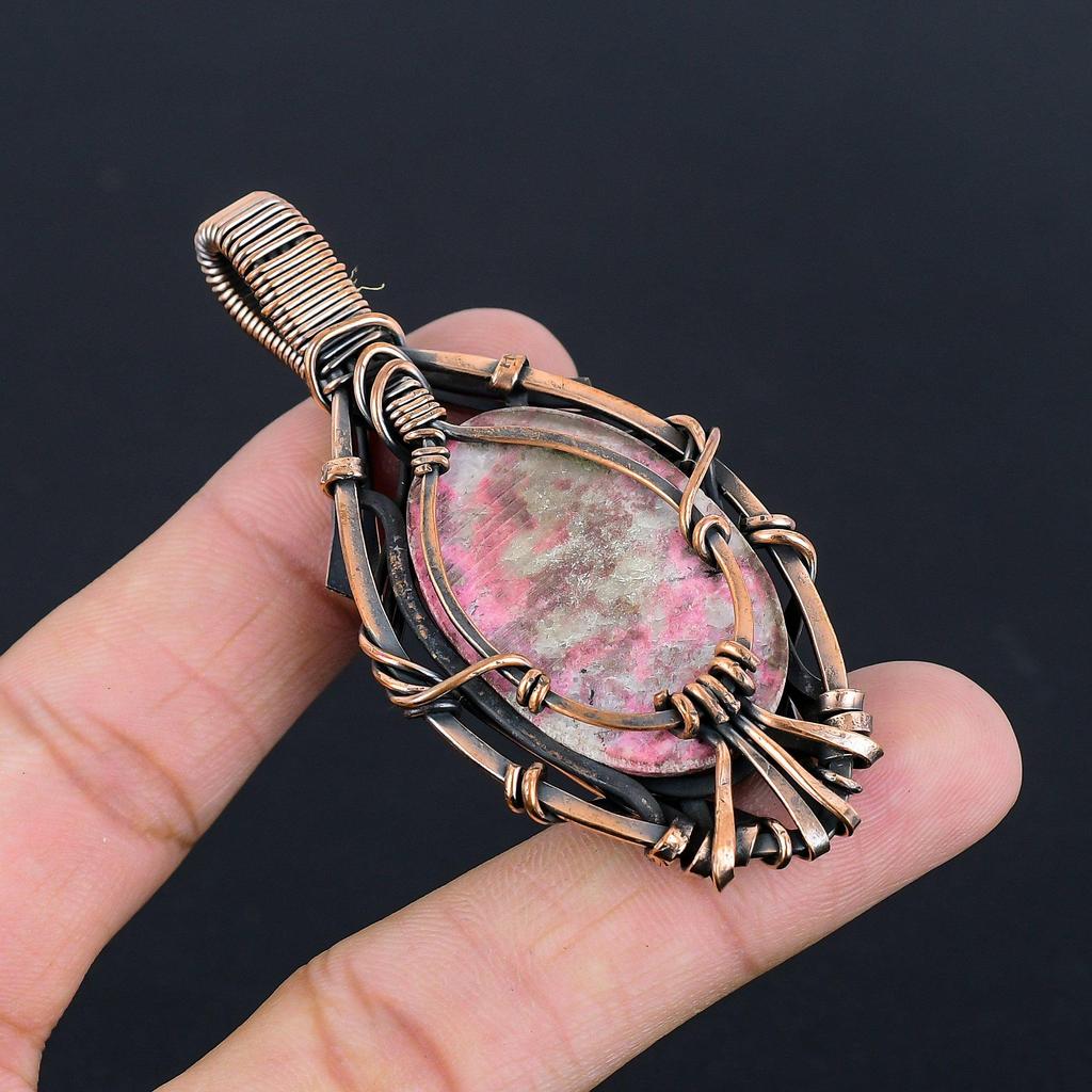 Pink Thulite Gemstone Pendant 999 Copper Wire Wrapped Jewelry, Handmade Antique Pendant Jewelry, Gift For Mother