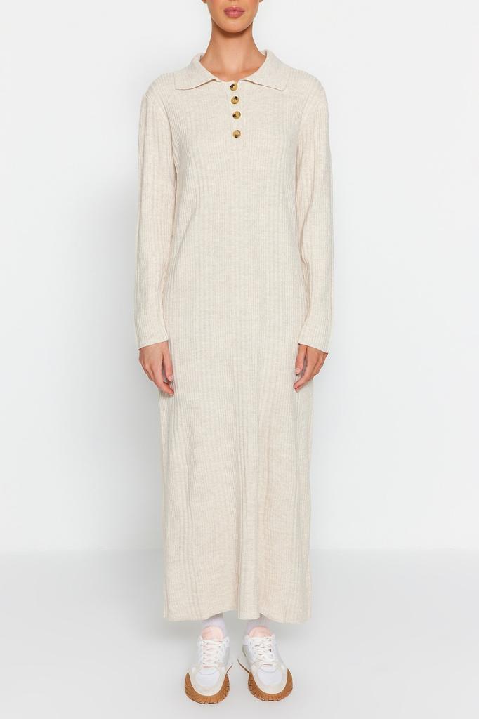 Женское модное новое платье-хиджаб верблюжьего цвета с воротником-поло, удобное трикотажное платье в рубчик