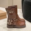 Fashion Motorcycle Boots Women British Belt Buckle Ladies Shoes Outdoor Mid-calf Cowboy Boots 2024 Novelty Spring Autumn Shoe