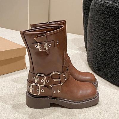Модные мотоциклетные ботинки женские британские с пряжкой-ремнем женская обувь уличные до середины икры ковбойские ботинки 2024 новинка весенне-осенняя обувь