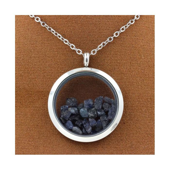 Pierres et Minéraux. Collier Saphir brut. Modèle Médaillon 25 mm. Couleur Argent.