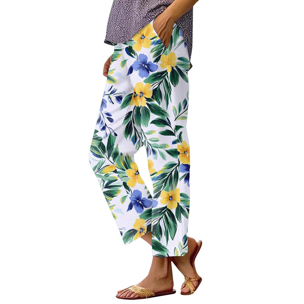 Women's Fashionable Floral Print Straight Leg Pocket Elastic Waist Casual Pants Pants