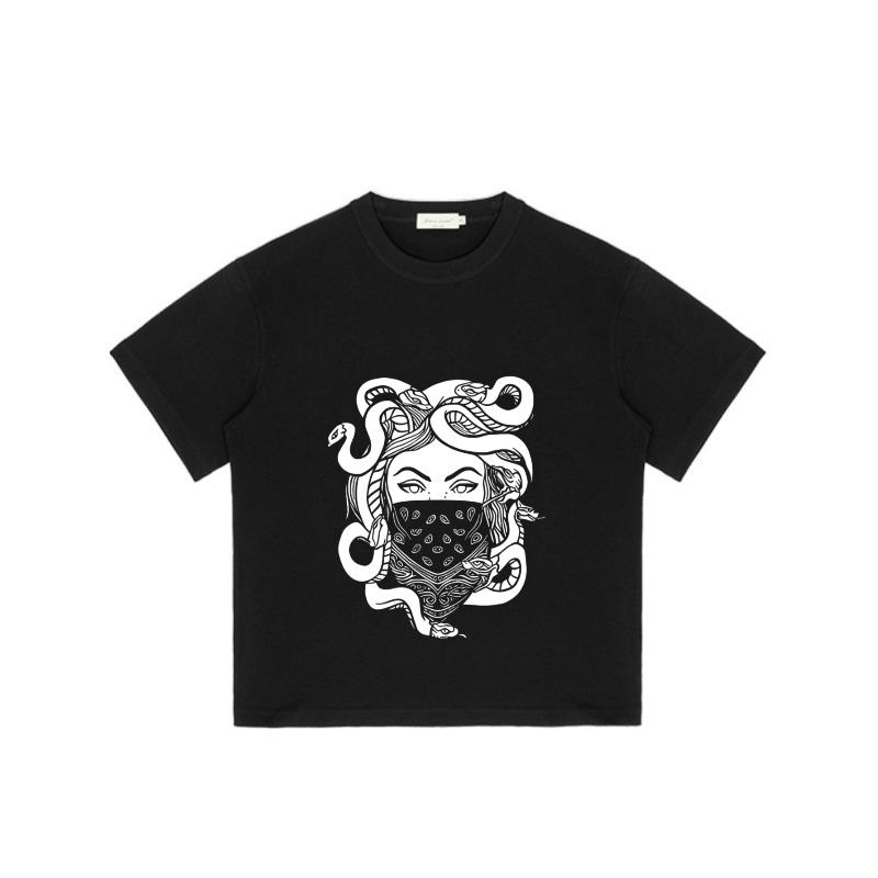 Black T-Shirt with Medusa Snake Head and Bandana Print for Casual Wear
