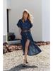 2025 Cotton French Retro Slimming Denim Shirt Dress – High-End Waist-Cinching Long Dress for Women, Autumn Collection