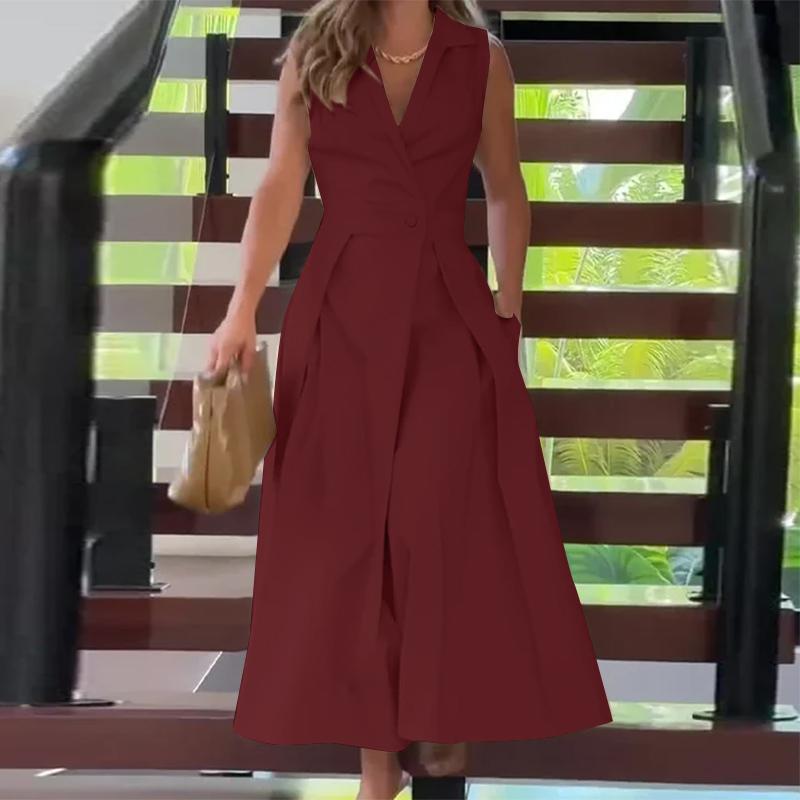 ZANZEA Women Casual Turn Down Collar Sleeveless Summer A-line Dress